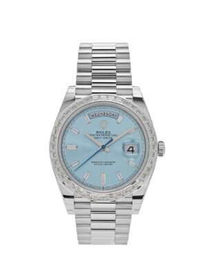 Rolex Day-Date 228396TBR Platinum Diamond Bezel Ice Blue Diamond Dial