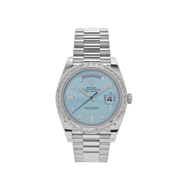 Rolex Day-Date 228396TBR Platinum Diamond Bezel Ice Blue Diamond Dial