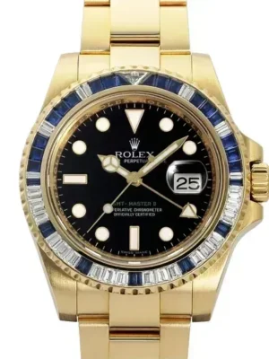 Rolex GMT-Master II 116748SA Yellow Gold Sapphire and Diamond Bezel Black Dial