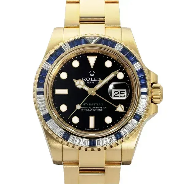 Rolex GMT-Master II 116748SA Yellow Gold Sapphire and Diamond Bezel Black Dial