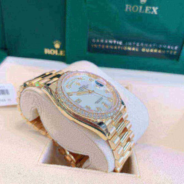 Rolex Day-Date 36 Mother of Pearl Dial Gold Diamond Bezel Watch 128348RBR-0017 128348RBR