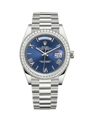 Rolex Day-Date 228349RBR White Gold Diamond Bezel Blue Dial