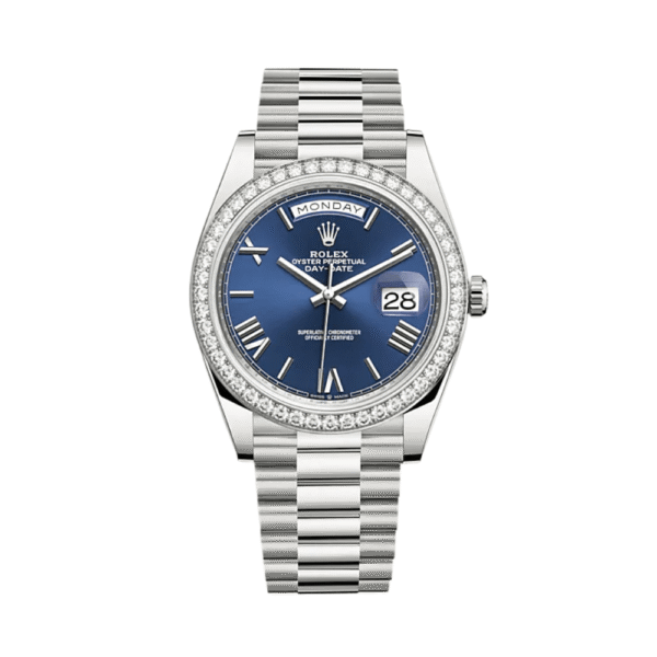 Rolex Day-Date 228349RBR White Gold Diamond Bezel Blue Dial