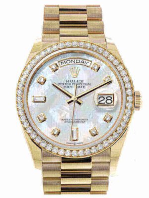 Rolex Day-Date 36 Mother of Pearl Dial Gold Diamond Bezel Watch 128348RBR-0017 128348RBR