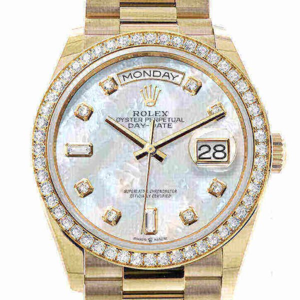 Rolex Day-Date 36 Mother of Pearl Dial Gold Diamond Bezel Watch 128348RBR-0017 128348RBR