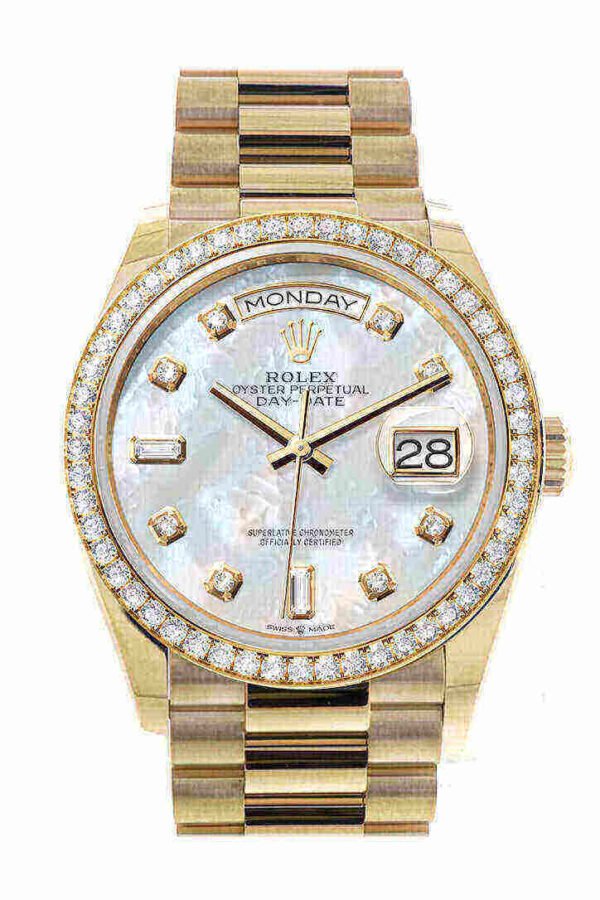 Rolex Day-Date 36 Mother of Pearl Dial Gold Diamond Bezel Watch 128348RBR-0017 128348RBR