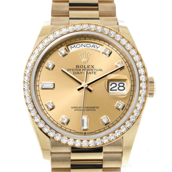 Rolex Day-Date 36 Champagne Diamond Dial Gold Diamond Bezel Watch 128348RBR-0008