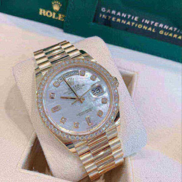 Rolex Day-Date 36 Mother of Pearl Dial Gold Diamond Bezel Watch 128348RBR-0017 128348RBR