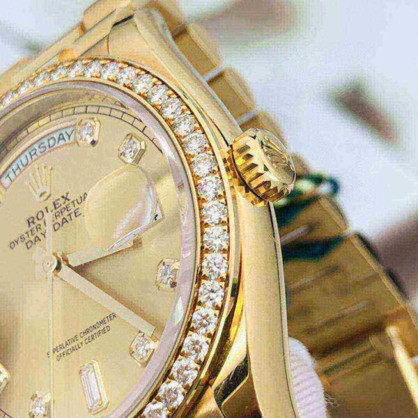Rolex Day-Date 36 Champagne Diamond Dial Gold Diamond Bezel Watch 128348RBR-0008