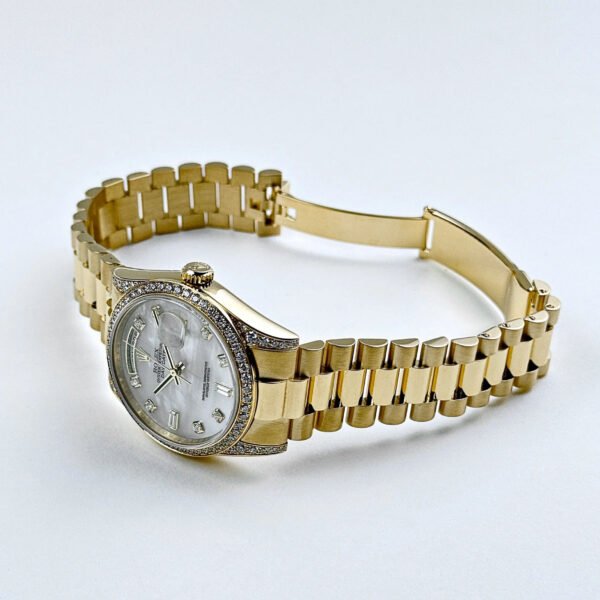 Rolex Day-Date 118388 Yellow Gold White Mother of Pearl Dial Diamond Bezel