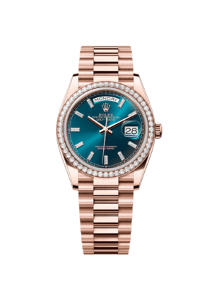 Rolex Day-Date 128345RBR Rose Gold Diamond Bezel Blue-Green Baguette Marker Dial