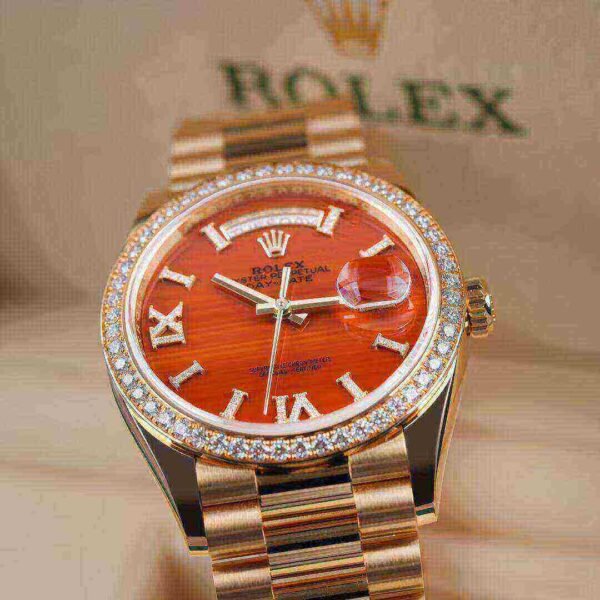 Rolex Day-Date 36 Carnelian Dial Gold Diamond Bezel Watch 128348RBR-0049 128348RBR