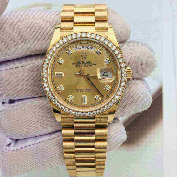 Rolex Day-Date 36 Champagne Diamond Dial Gold Diamond Bezel Watch 128348RBR-0008