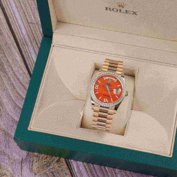 Rolex Day-Date 36 Carnelian Dial Gold Diamond Bezel Watch 128348RBR-0049 128348RBR