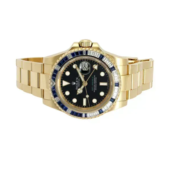 Rolex GMT-Master II 116748SA Yellow Gold Sapphire and Diamond Bezel Black Dial