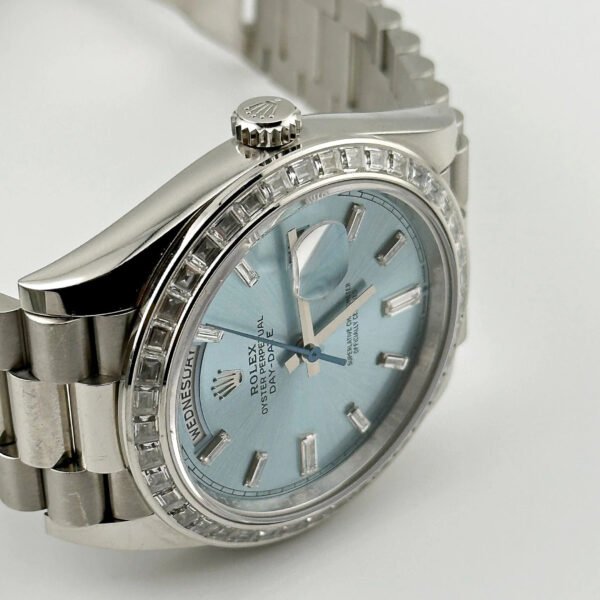 Rolex Day-Date 228396TBR Platinum Diamond Bezel Ice Blue Diamond Dial