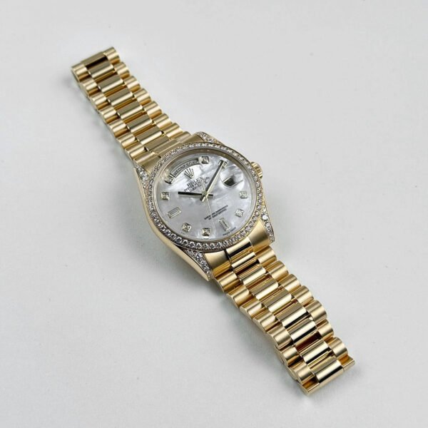 Rolex Day-Date 118388 Yellow Gold White Mother of Pearl Dial Diamond Bezel