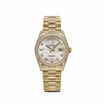 Rolex Day-Date 118388 Yellow Gold White Mother of Pearl Dial Diamond Bezel