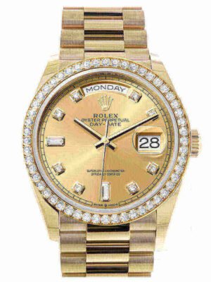 Rolex Day-Date 36 Champagne Diamond Dial Gold Diamond Bezel Watch 128348RBR-0008
