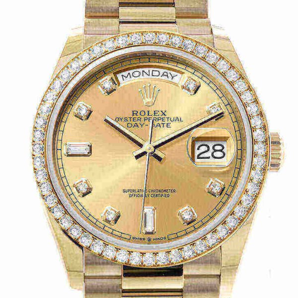 Rolex Day-Date 36 Champagne Diamond Dial Gold Diamond Bezel Watch 128348RBR-0008