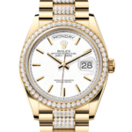 Rolex Day-Date 36 White Dial Gold Diamond Bezel Watch 128348RBR-0048 128348RBR