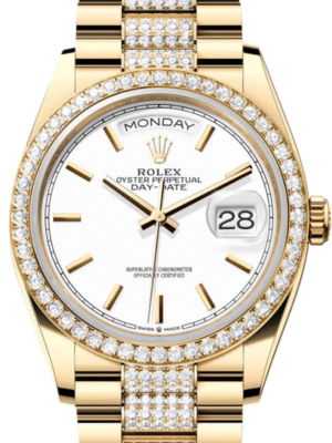 Rolex Day-Date 36 White Dial Gold Diamond Bezel Watch 128348RBR-0048 128348RBR