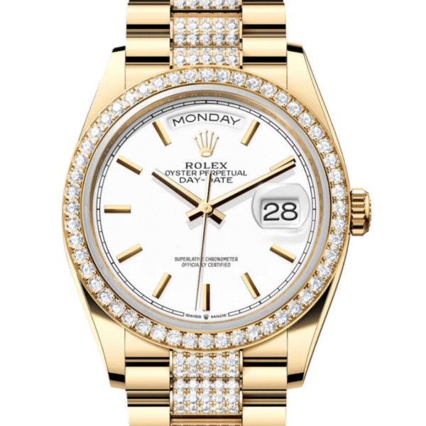 Rolex Day-Date 36 White Dial Gold Diamond Bezel Watch 128348RBR-0048 128348RBR