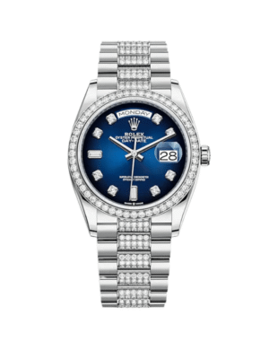 Rolex Day-Date 128349RBR White Gold Diamond Bezel Blue Diamond Dial