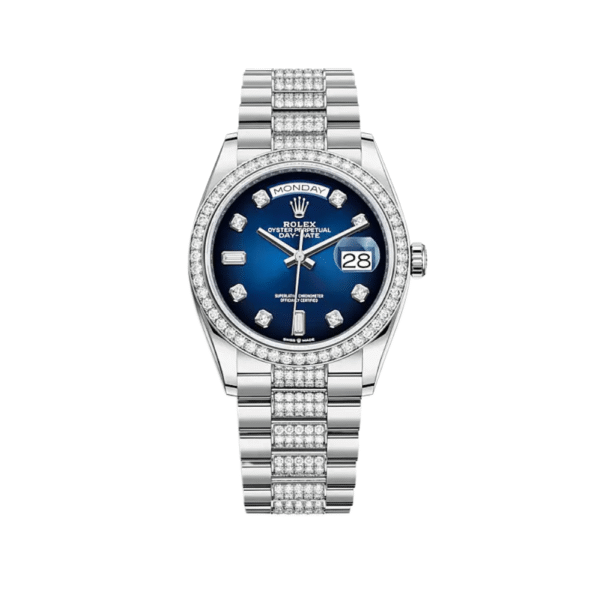 Rolex Day-Date 128349RBR White Gold Diamond Bezel Blue Diamond Dial