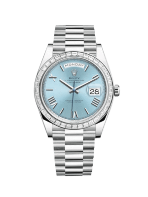Rolex Day-Date 228396TBR Platinum Diamond Bezel Ice Blue Roman Dial