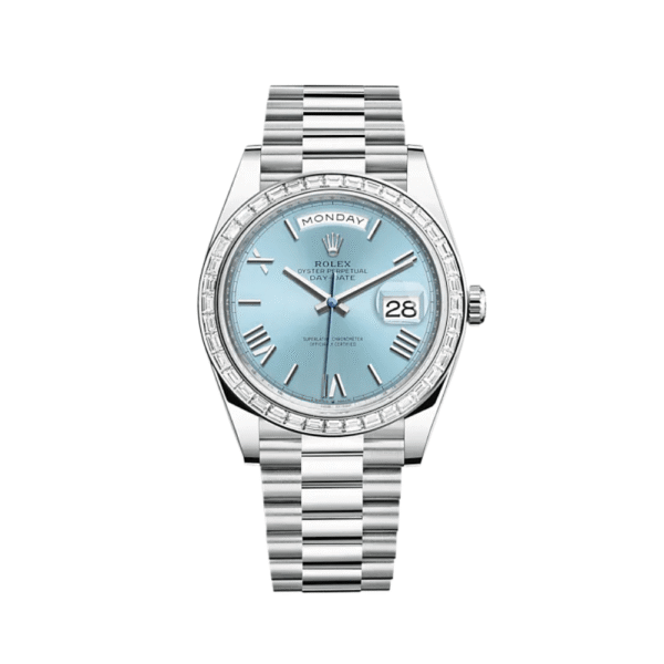 Rolex Day-Date 228396TBR Platinum Diamond Bezel Ice Blue Roman Dial