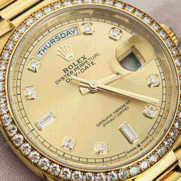 Rolex Day-Date 36 Champagne Diamond Dial Gold Diamond Bezel Watch 128348RBR-0008