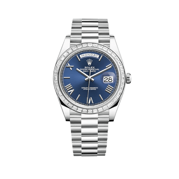 Rolex Day-Date 228396TBR Platinum Diamond Bezel Blue Dial