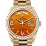 Rolex Day-Date 36 Carnelian Dial Gold Diamond Bezel Watch 128348RBR-0049 128348RBR