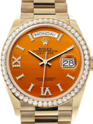 Rolex Day-Date 36 Carnelian Dial Gold Diamond Bezel Watch 128348RBR-0049 128348RBR