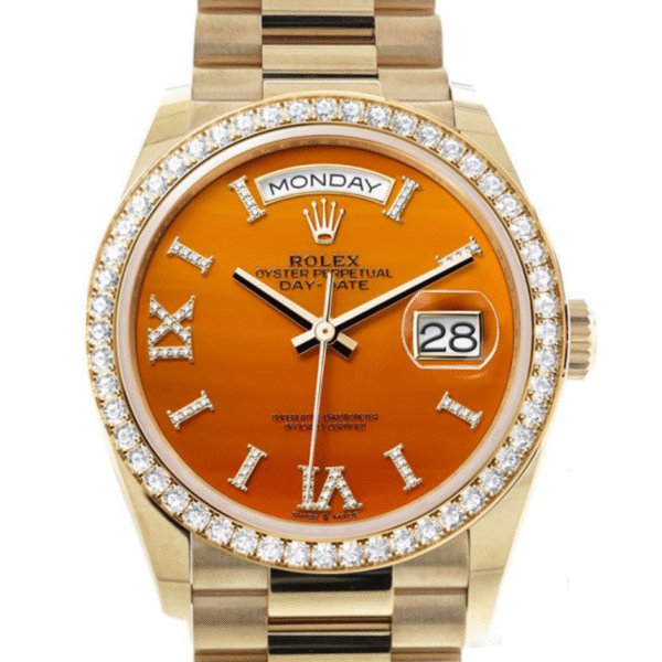 Rolex Day-Date 36 Carnelian Dial Gold Diamond Bezel Watch 128348RBR-0049 128348RBR