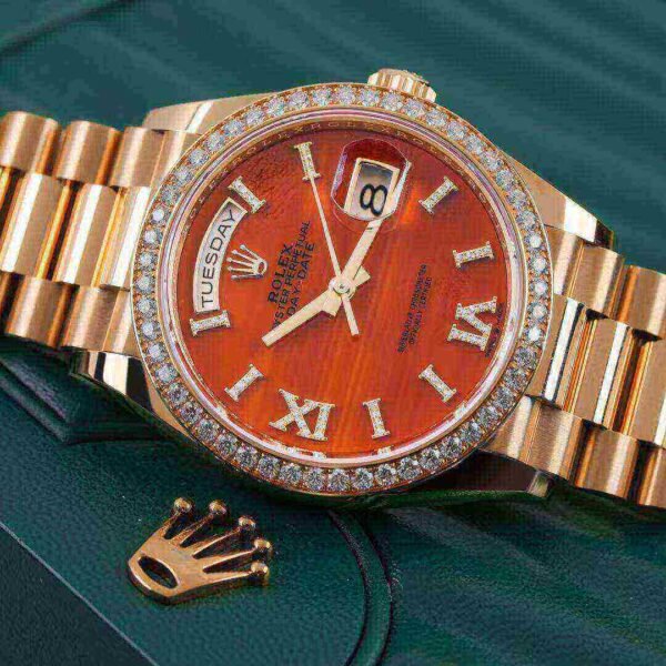 Rolex Day-Date 36 Carnelian Dial Gold Diamond Bezel Watch 128348RBR-0049 128348RBR