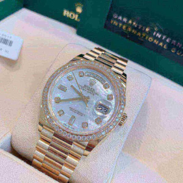 Rolex Day-Date 36 Mother of Pearl Dial Gold Diamond Bezel Watch 128348RBR-0017 128348RBR