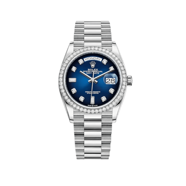 Rolex Day-Date 128349RBR White Gold Blue Dial Diamond Bezel